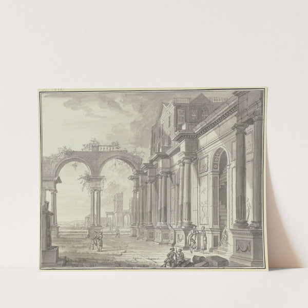 Antiker Palast, links durch zwei Bögen Ausblick auf Architektur in der Ferne, im Vordergrund drei Gruppen mit je zwei Figuren by Christian Stöcklin