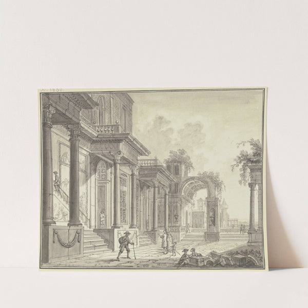 Antiker Palast mit Arkade und Durchblick auf Architektur und Landschaft, im Vordergrund Staffagefiguren by Christian Stöcklin