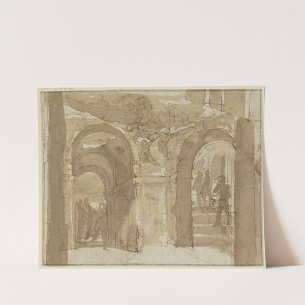 Antikes Gewölbe mit Treppe und mehreren Figuren, oben schwebt Maria mit Engeln by Bartholomeus Breenbergh