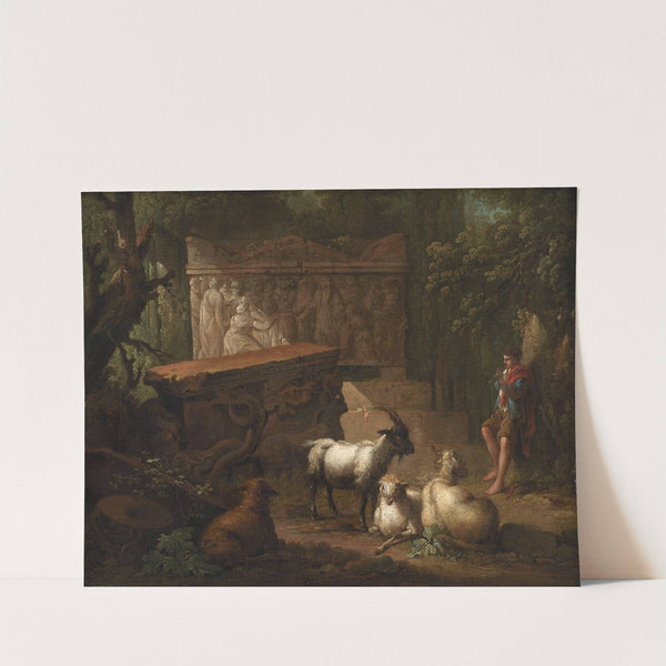 Antikke ruiner omgivet af træer, i forgrunden en hyrde og nogle geder (1745 – 1786) by Johan Mandelberg