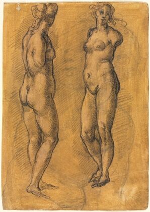 Antique Statue of a Standing Woman (two views), over a Sketch of a Putto (1570s)