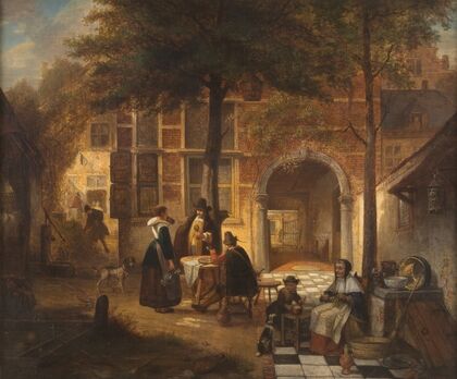 Antwerp society in summer courtyard (1869)