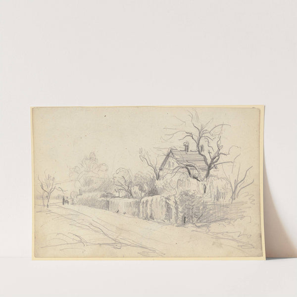 Anwesen hinter hoher Hecke und kahlem Baume by Otto Scholderer