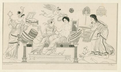 Apollo and Aphrodite on cushioned couch, flanked by female attendants with basket, mirror, box and magic wheel (1844-1861)