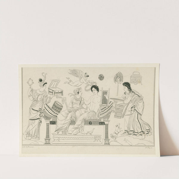 Apollo and Aphrodite on cushioned couch, flanked by female attendants with basket, mirror, box and magic wheel (1844-1861) by A. Rey