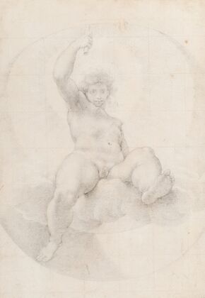 Apollo seated on a cloud holding a torch aloft