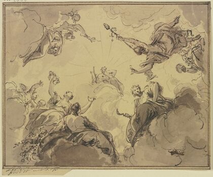 Apollo umgeben von Bacchus, Ceres, Flora und anderen Gottheiten