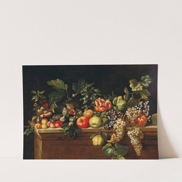 Apples, grapes, figs and pomegranates and other fruit on a ledge by Agostino Verrocchio