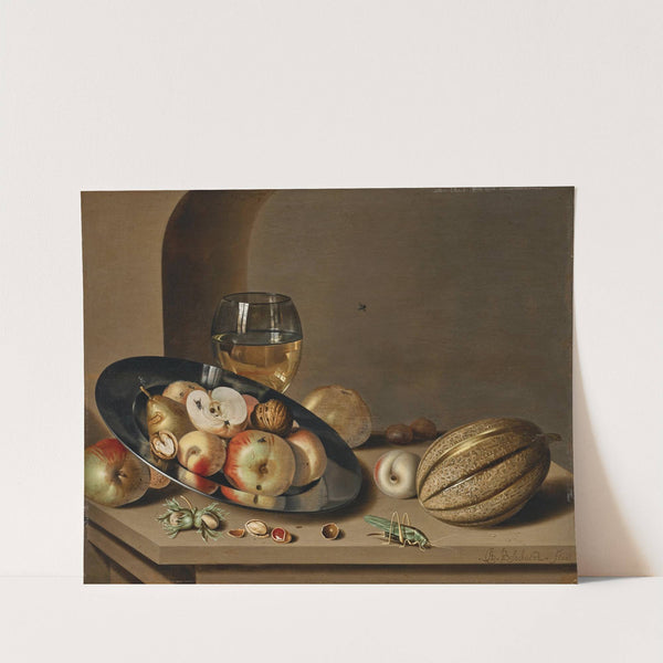 Apples, pears, peaches and walnuts on a pewter plate with fruit, a roemer, a melon, chestnuts and a grasshopper on a stone ledge in a niche by Ambrosius Bosschaert II