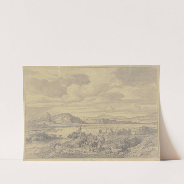 Aqua Cetosa; Italienische Ideallandschaft, im Vordergrund Schifferboote und zwei Männer mit Büffeln by Friedrich Preller the Elder