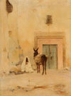 Arab and a donkey at the wall of a house