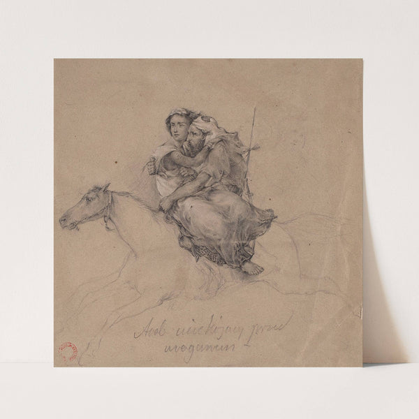 Arab and a woman running away from a hurricane on horseback (1870) by Stanisław Chlebowski