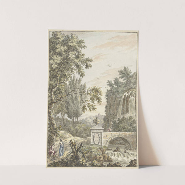 Arcadisch boslandschap met een waterval, een brug en drie jongemannen by Dirk Versteegh