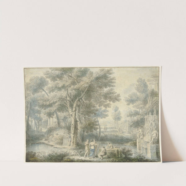 Arcadisch landschap, met rechts een fontein by Louis Fabritius Dubourg