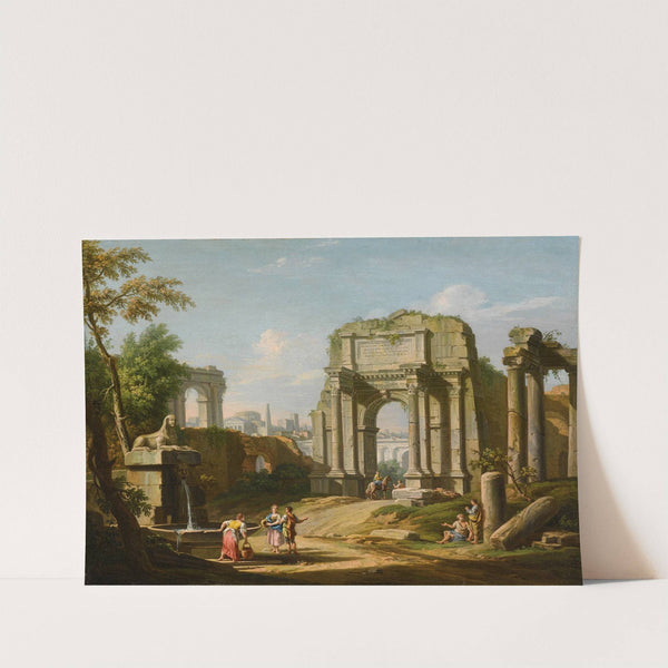 Architectural Capriccio With Ancient Ruins, A Sphinx And Figures By A Fountain by Giuseppe Zocchi