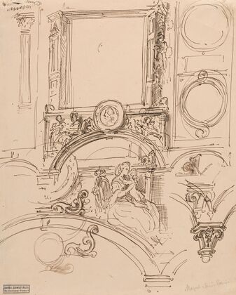 Architectural Details for a Wall Decoration with Empress Maria Theresia Embracing the Young Wolfgang Amadeus Mozart (c. 1864)