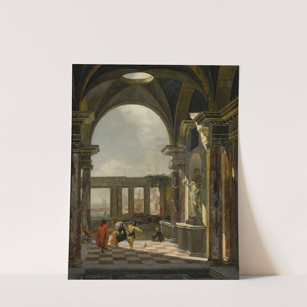 Architectural interior with foreign shippers, ruins and a shipyard beyond by Jan Baptist Weenix