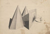 Architectural perspective drawing with shapes at left and man standing at right