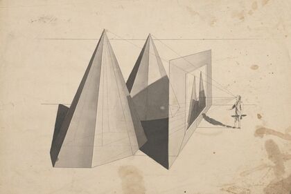 Architectural perspective drawing with shapes at left and man standing at right
