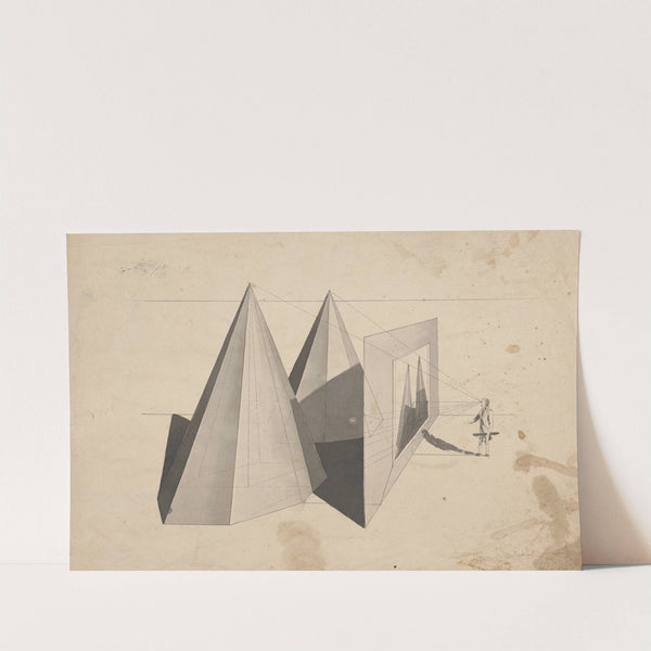 Architectural perspective drawing with shapes at left and man standing at right (1809-1844) by John Rubens Smith