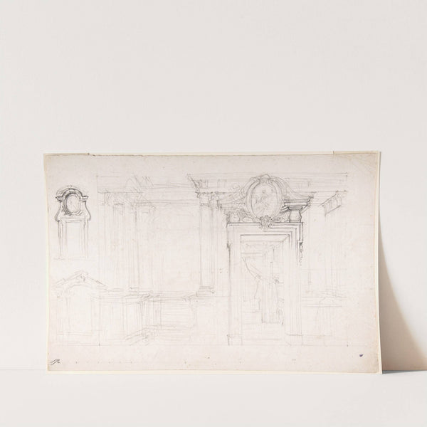 Architectural Sketch for the design of a Wall with Doorway, with two smaller sketches for the design of windows or doorways by Luigi Vanvitelli