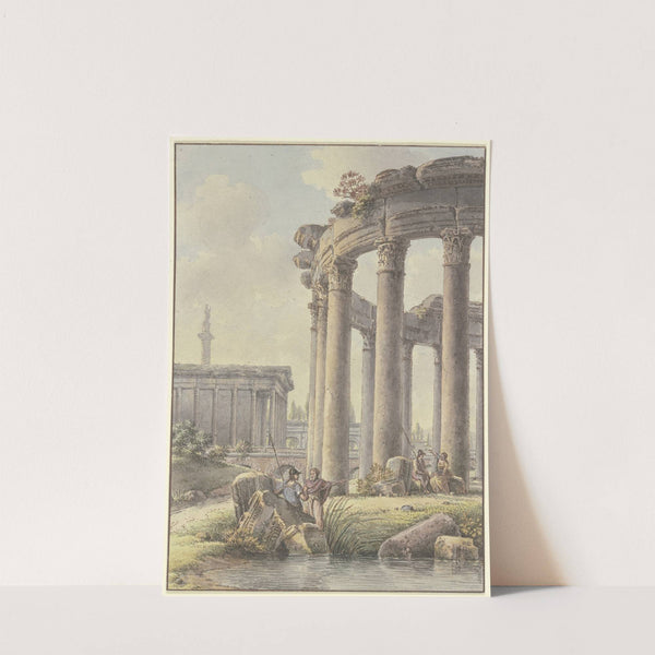 Architektonisches Capriccio; Ruinen eines Rundtempels, im Hintergrund die Trajansäule by Victor-Jean Nicolle