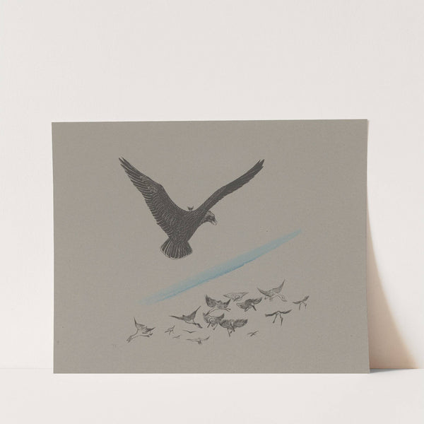 Arend met een winterkoning op de rug zweeft boven een groep vogels by Theo van Hoytema