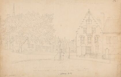 Argus newspaper office on State Street in Albany and surrending homes and churches