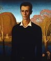 Arnold Pyle in front of a river with two skinny-dipping men
