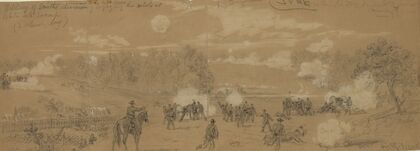 Artillery of Smith’s division commanded by Capt. Ayres engaging the rebels at White Oak Swamp