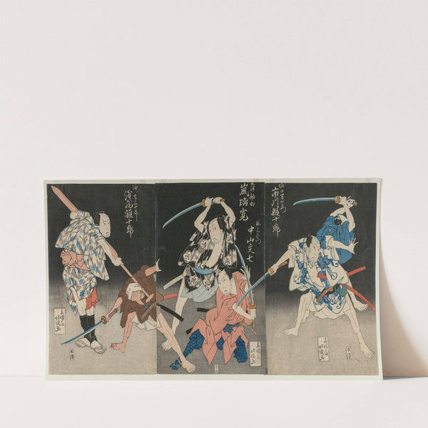 Asao Gakujurō as the Boatman Sanjūrō, Nakayama Bunshichi as Hayashi Sanzemon, Arashi Rikan II as Kizu Kansuke, and Ichikawa Ebijūrō II as Horiguchi Manzaemon from the Kabuki Play Eight Views of the Kizu River by Boating Song (1829) by Shunjosai Hokuchō
