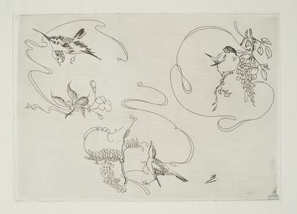Assiette à dessert ; trois motifs composés chacun d’un ruban, d’une fleur et d’un oiseau (1866 - 1878)