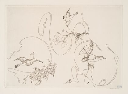 Assiette à dessert ; trois motifs composés chacun d’un ruban, d’une fleur et d’un oiseau.