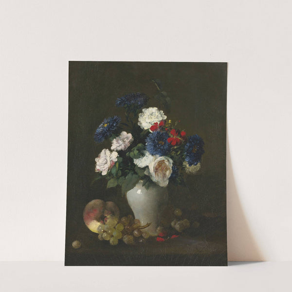 Assorted Flowers in a Vase with Grapes and a Peach on a Table by Antoine Vollon