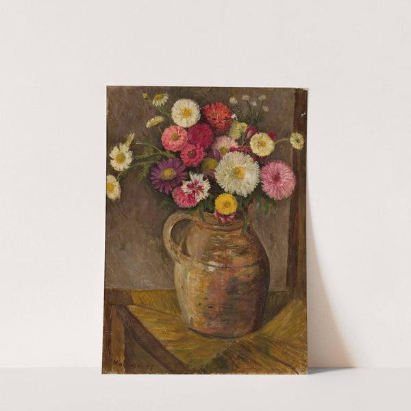 Asters and zinnias in a clay jug (1917) by Tadeusz Makowski