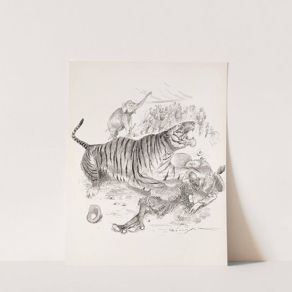 At a circus, a tiger holds a woman and a girl under its paws, and an elephant steps on another woman by Homer Davenport