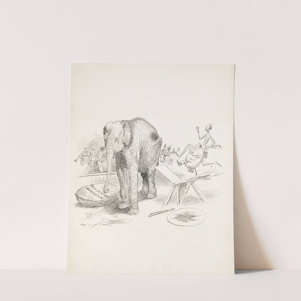 At a circus, Taft and Fairbanks run on a ramp to try to jump over an elephant and land in a bowl labeled ‘Presidential Nomination’ by Homer Davenport