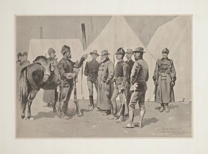 At the mouth of Rapid Creek–General Carr receiving the report of a scout (1892) — size preview