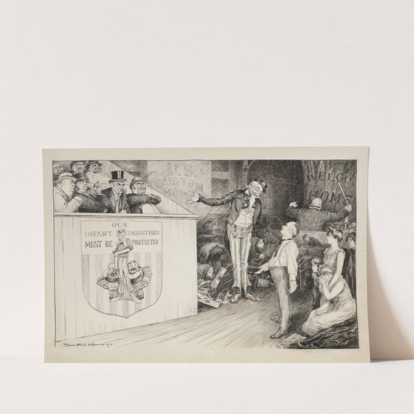 At the U.S. Customs House, a family pleads with Uncle Sam as officials go through their belongings (1901) by William Henry Walker