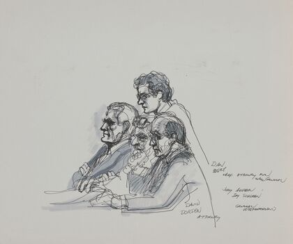 Attorneys Dan M. Burt and David M. Dorsen, and jury advisor Jay Schulman, with General William Westmoreland during the Westmoreland vs CBS, Inc. trial