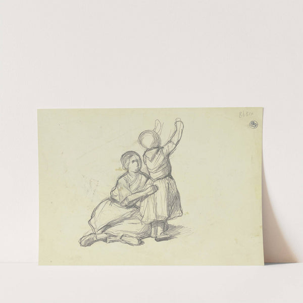 Auf dem Boden sitzende Frau mit einem neben ihr stehenden kleinen Mädchen mit erhobenen Armen by Jakob Becker