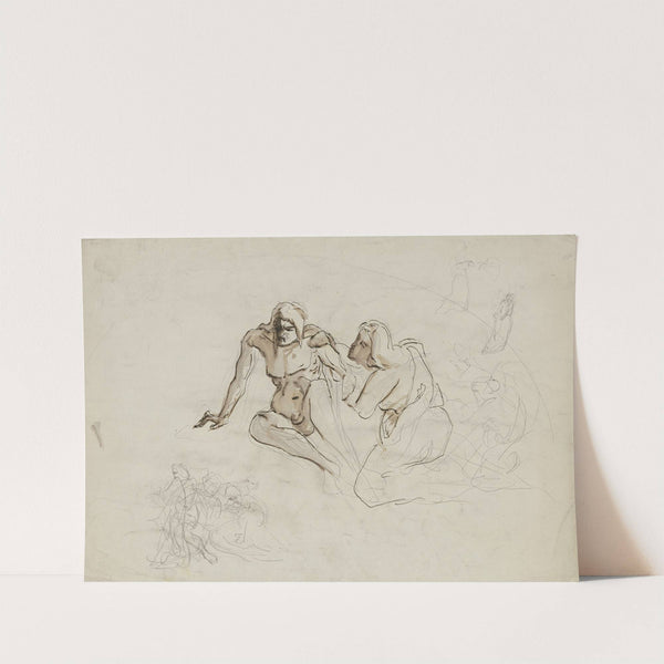 Auf dem Boden sitzender, übellauniger männlicher Akt, von einer neben ihm knienden weiblichen Gestalt umsorgt , sowie weitere figürliche Skizzen by Victor Müller