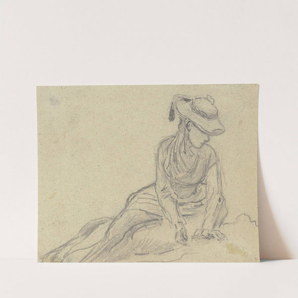 Auf dem Boden sitzendes Mädchen mit Hut, den gesenkten Blick nach rechts richtend by Anton Burger