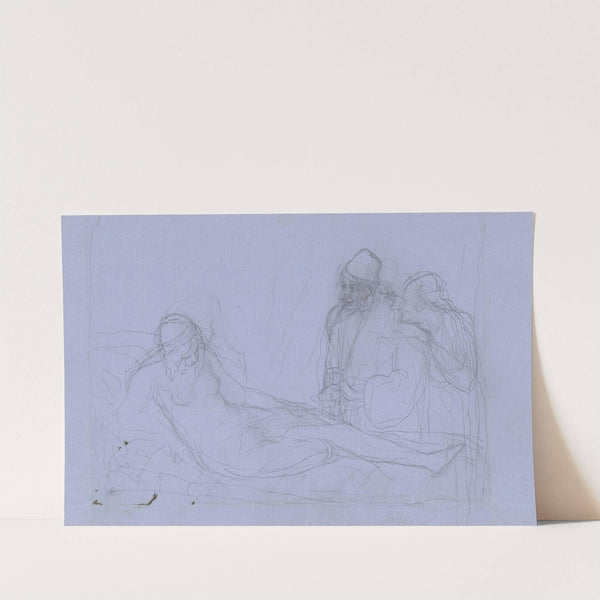 Auf einem Bette lagernder weiblicher Akt, am Bettrand zwei alte Männer by Victor Müller