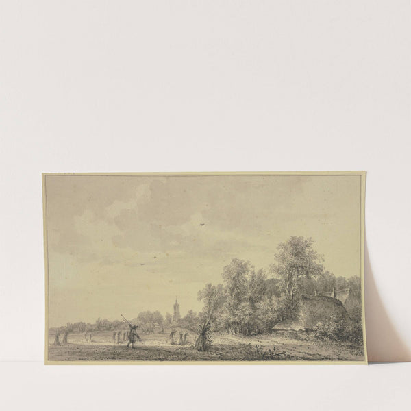 Auf einem Felde stehen Fruchtgarben, im Hintergrunde geht der Pflug, vorne trägt ein Mann zwei Stangen by Jakob Versteegs