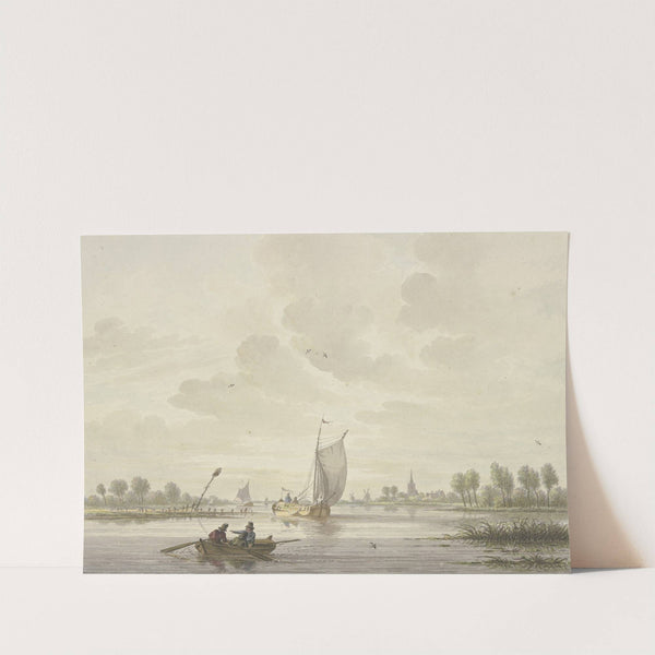 Auf einem Fluss segeln einige Barken, vorne ein Ruderboot by Nicolaas Wicart
