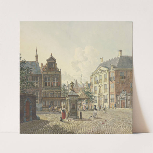 Auf einem freien Platz ein Brunnenhaus, dabei eine Magd in rotem Rock und mit einem Eimer by Johannes Huibert Prins