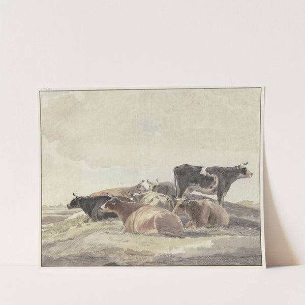 Auf einem Hügel sechs liegende und eine stehende Kuh by Andries Vermeulen