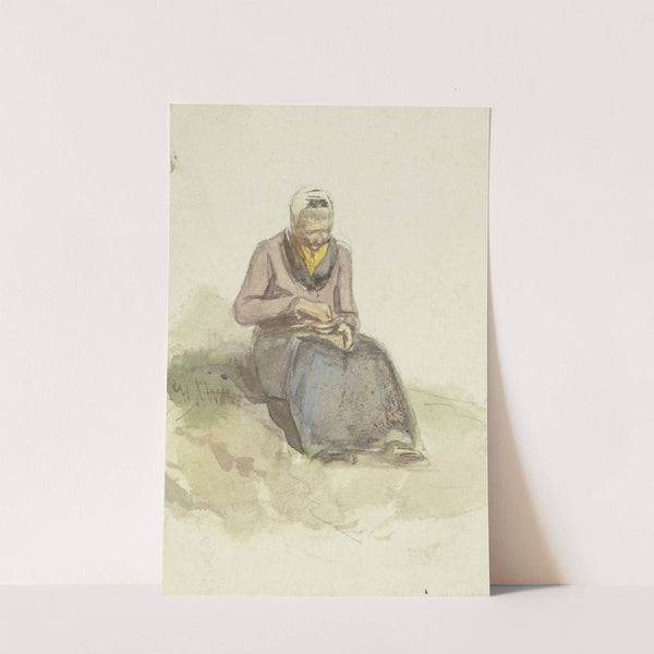 Auf einem Rasen sitzt eine alte Frau und hält eine Schale mit Milch auf dem Schoß by Jakob Fürchtegott Dielmann