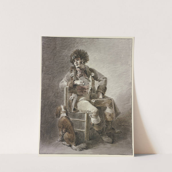 Auf einem Stuhl sitzt ein Mann die Pfeife in der Hand, dabei ein Hund by Abraham Teerlink